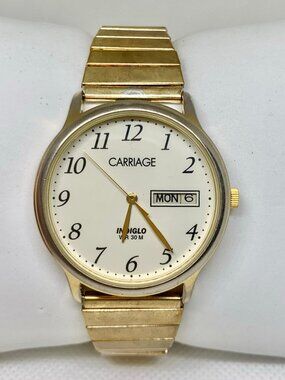 Vintage carriage by Timex indiglo day date 35mm Watch gold tone 7” running